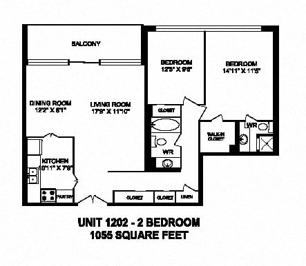 Floor plan for 2 beds, 2 baths