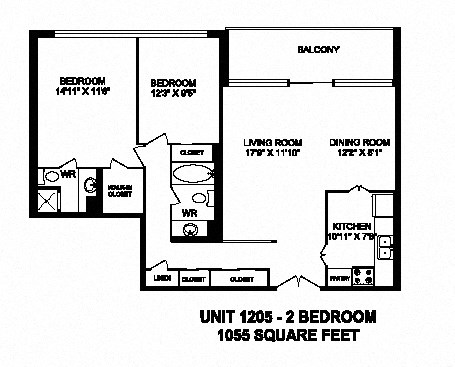 Floor plan for 2 beds, 2 baths, 1055 sqft