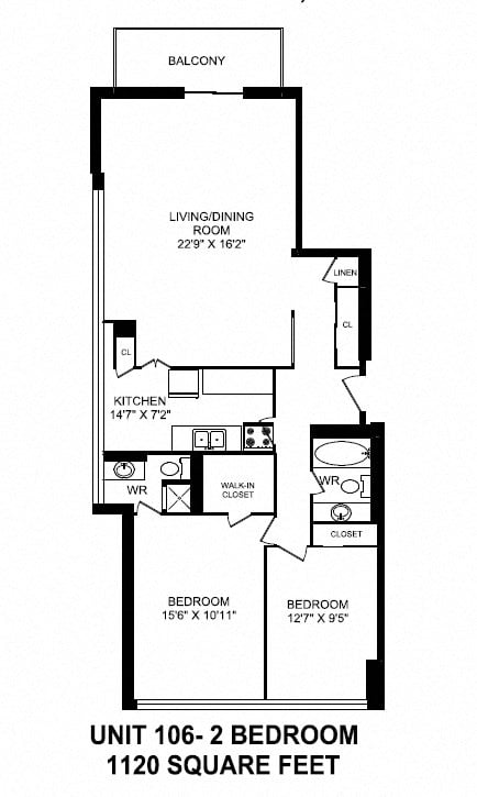Floor plan for 2 beds, 2 baths