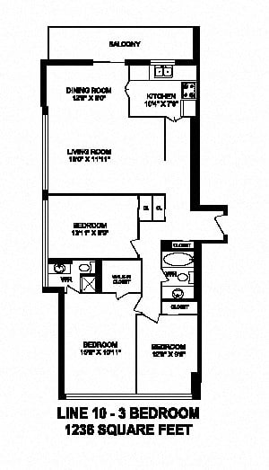 Floor plan for 3 beds, 2 baths, 1236 sqft