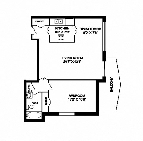 Floor plan for 1 bed, 1 bath, 739 sqft