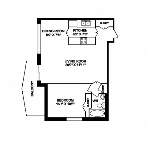 Floor plan for 1 bed, 1 bath