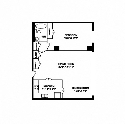 Floor plan for 1 bed, 1 bath