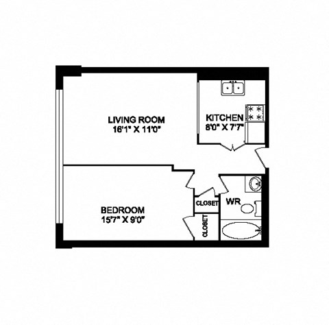 Floor plan for 1 bed, 1 bath, 544 sqft