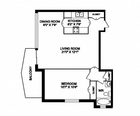 Floor plan for 1 bed, 1 bath, 748 sqft