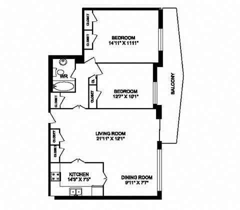 Floor plan for 2 beds, 1 bath, 1002 sqft