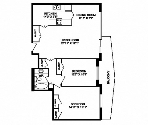Floor plan for 2 beds, 1 bath, 983 sqft