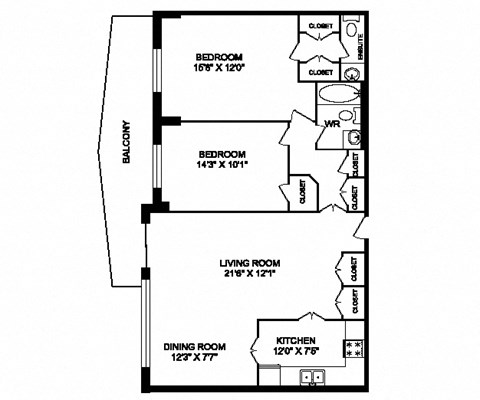 Floor plan for 2 beds, 1.5 baths, 1066 sqft
