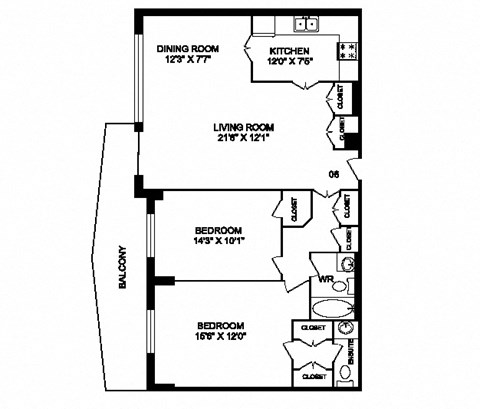 Floor plan for 2 beds, 1.5 baths, 1066 sqft