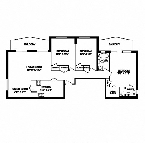 Floor plan for 3 beds, 2 baths, 1208 sqft