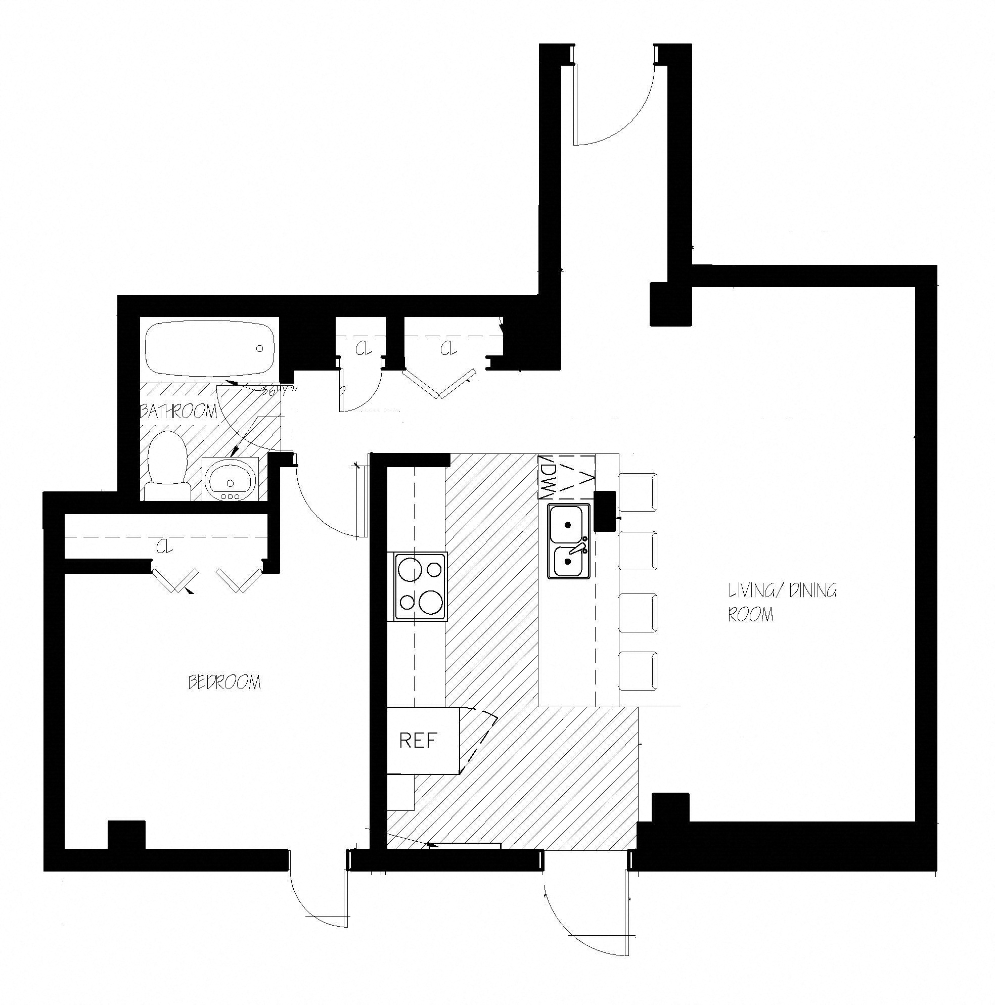 Floor plan for 1 bed, 1 bath, 580 sqft