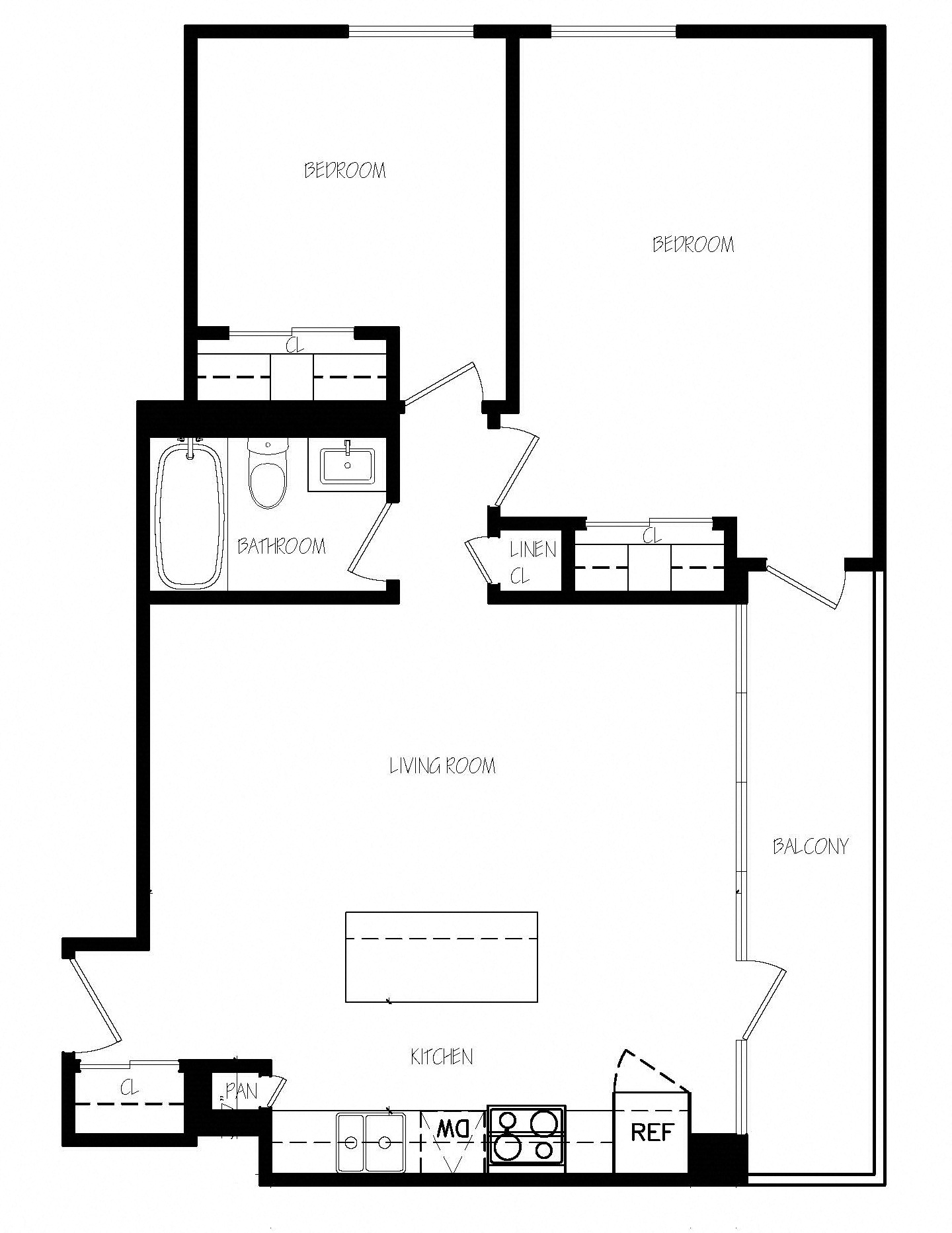 Floor plan for 2 beds, 1 bath, 743 sqft