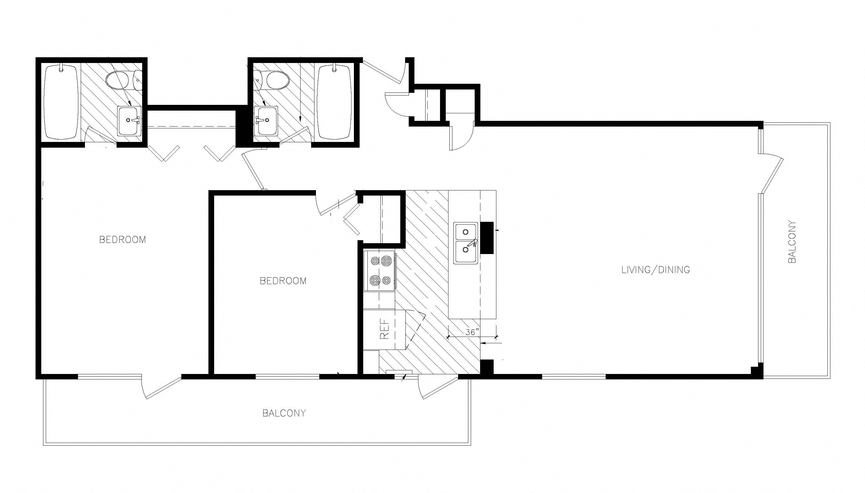 Floor plan for 2 beds, 2 baths, 840 sqft