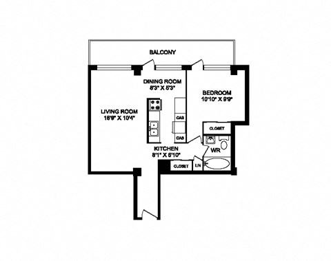 Floor plan for 1 bed, 1 bath, 580 sqft