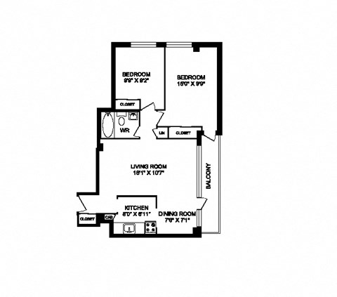 Floor plan for 2 beds, 1 bath, 743 sqft