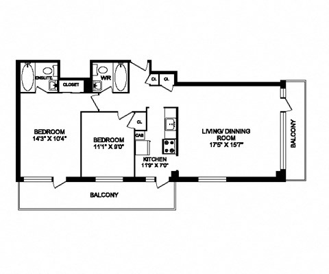 Floor plan for 2 beds, 2 baths, 840 sqft