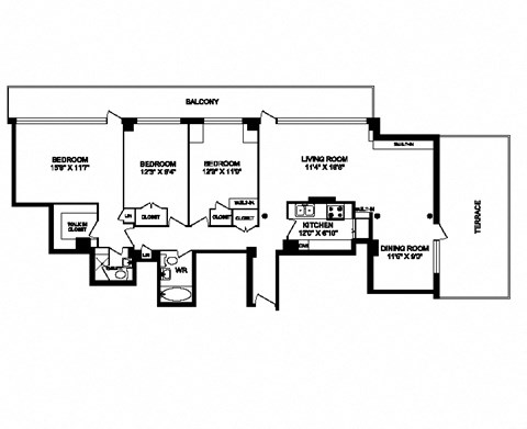 Floor plan for 3 beds, 2 baths