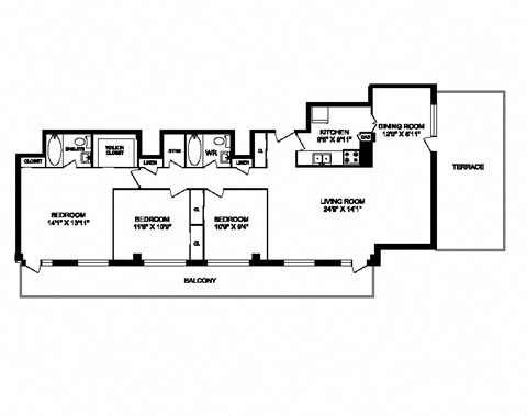 Floor plan for 3 beds, 2 baths, 1350 sqft