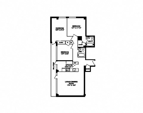 Floor plan for 3 beds, 2 baths