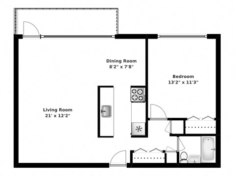 Floor plan for 1 bed, 1 bath, 744 sqft