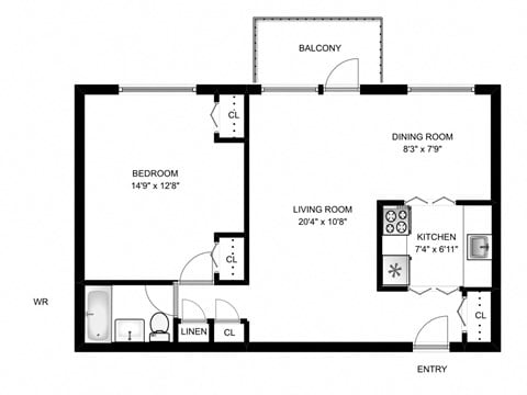 Floor plan for 1 bed, 1 bath, 724 sqft