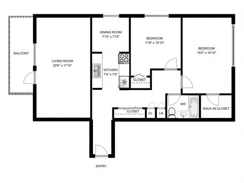 Floor plan for 2 beds, 1 bath, 1031 sqft