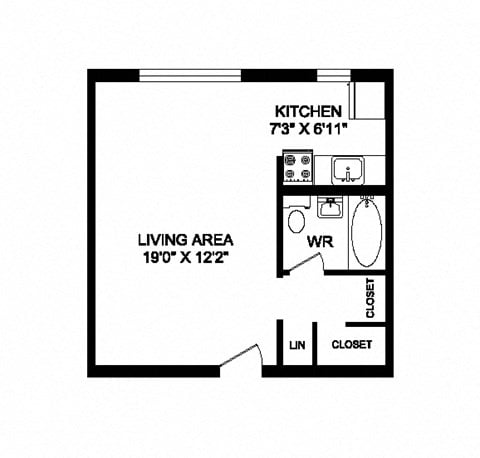 Floor plan for studio, 1 bath, 411 sqft