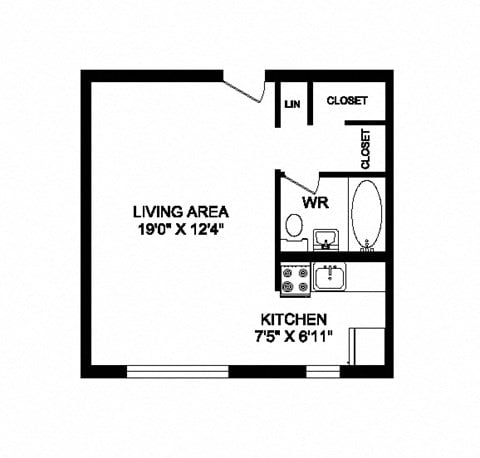 Floor plan for studio, 1 bath, 413 sqft