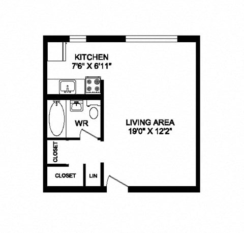 Floor plan for studio, 1 bath, 413 sqft