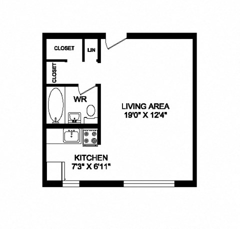 Floor plan for studio, 1 bath, 413 sqft