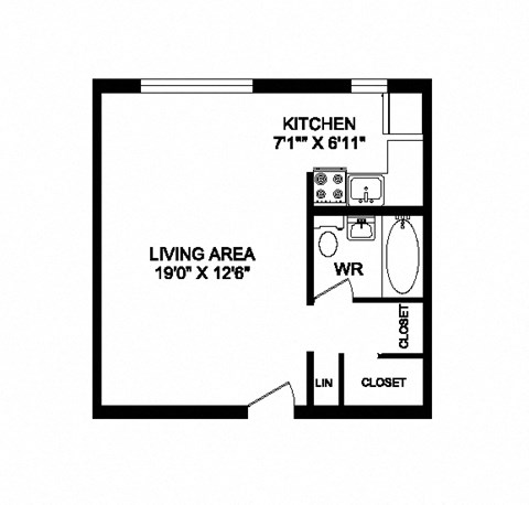 Floor plan for studio, 1 bath, 413 sqft