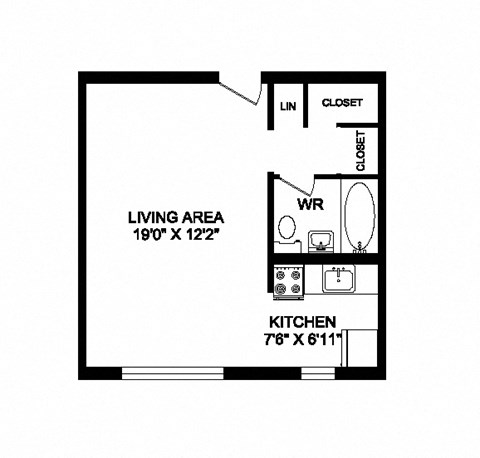 Floor plan for studio, 1 bath, 413 sqft