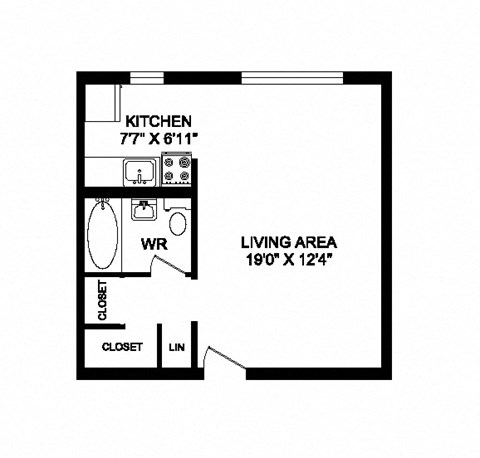 Floor plan for studio, 1 bath, 416 sqft