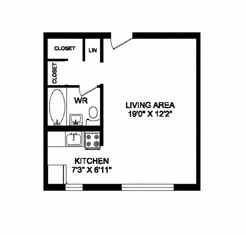 Floor plan for studio, 1 bath, 411 sqft