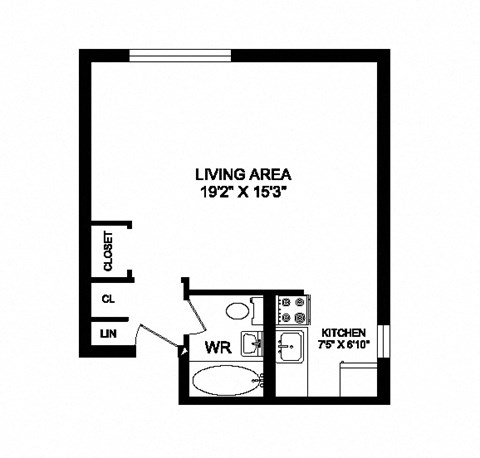 Floor plan for studio, 1 bath, 454 sqft