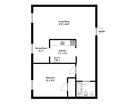 Floor plan for 1 bed, 1 bath, 750 sqft