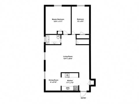 Floor plan for 2 beds, 1 bath, 900 sqft