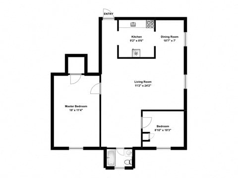 Floor plan for 2 beds, 1 bath, 900 sqft