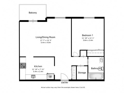Floor plan for 1 bed, 1 bath, 686 sqft