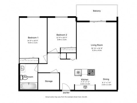 Floor plan for 2 beds, 1 bath, 932 sqft