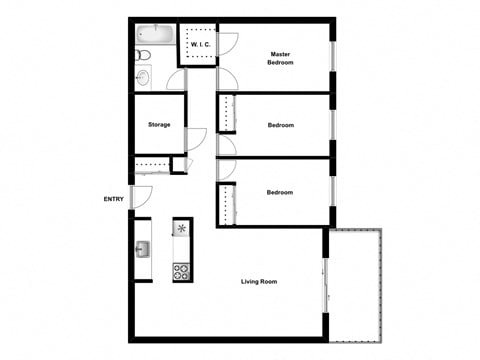 Floor plan for 3 beds, 1 bath, 1100 sqft