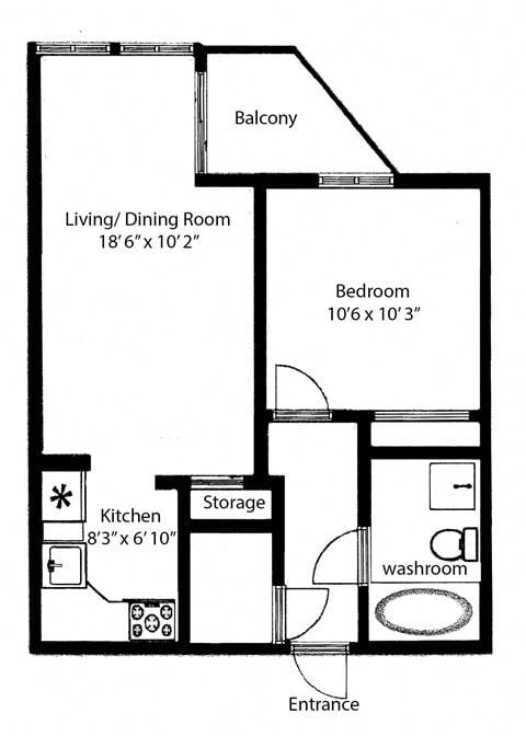 Floor plan for 1 bed, 1 bath, 520 sqft