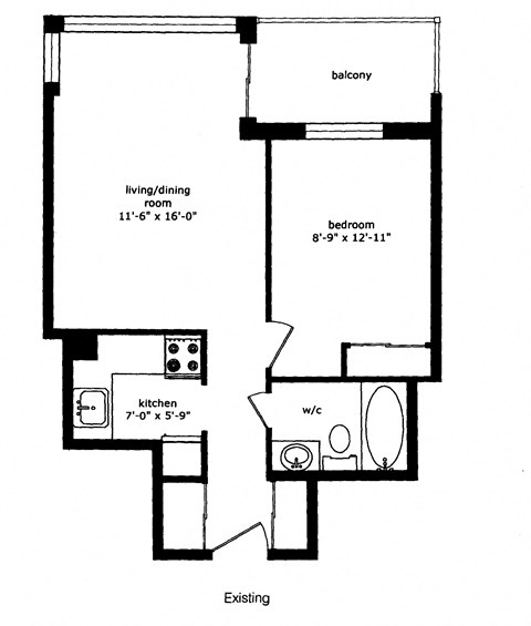 Floor plan for 1 bed, 1 bath, 514 sqft