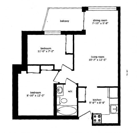 Floor plan for 2 beds, 1 bath, 609 sqft