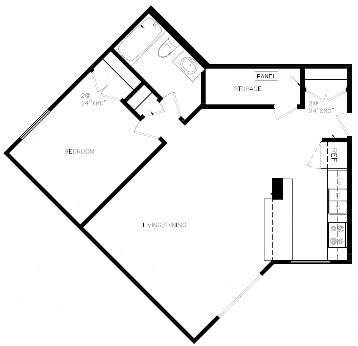 Floor plan for 1 bed, 1 bath, 650 sqft
