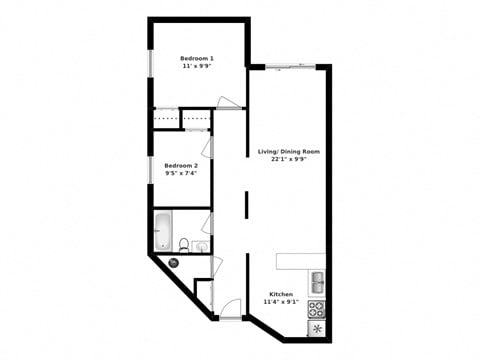 Floor plan for 2 beds, 1 bath, 755 sqft