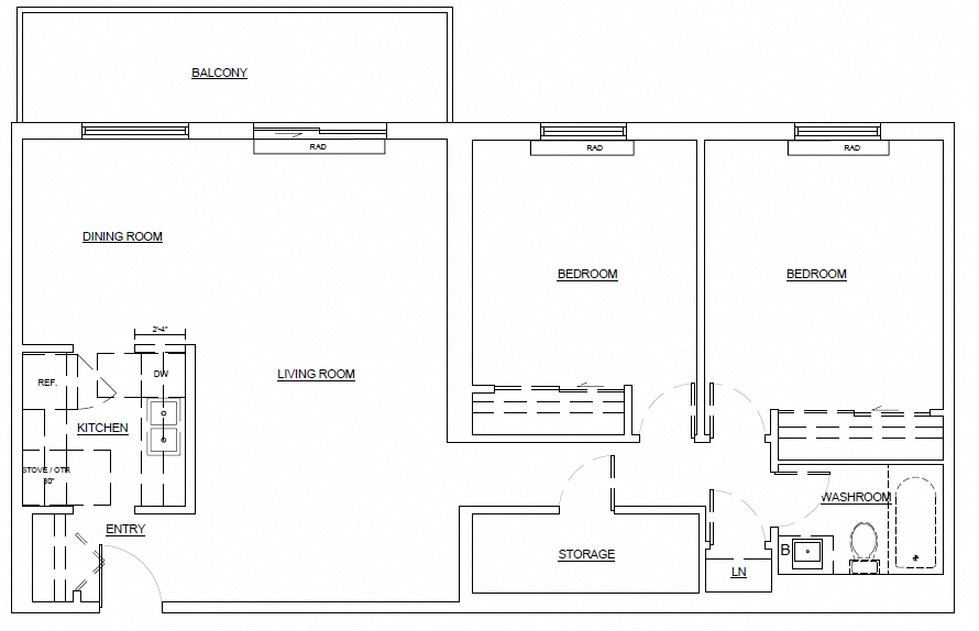 Floor plan for 2 beds, 1 bath, 949 sqft