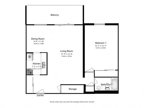 Floor plan for 1 bed, 1 bath, 702 sqft
