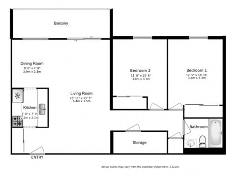 Floor plan for 2 beds, 1 bath, 949 sqft