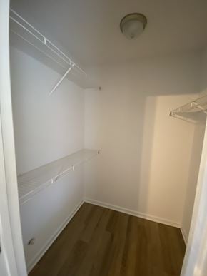 Rocky Mount apartment for rent - A white closet with shelves and a wooden floor.